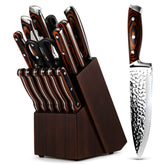 Vvwgkpk front view of complete knife set and block, organized storage benefit