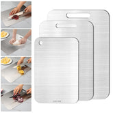 VZZNN front view of three stainless steel cutting boards, durable hygienic prep