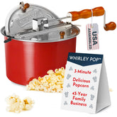 Wabash Valley Farms front view of red Whirley Pop showing compact kettle and handle, ideal for quick popcorn