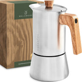 WALDWERK moka pot front view showing stainless finish and spout, highlighting durability