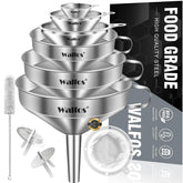 Walfos funnels front packaging showing six sizes and accessories for organized storage