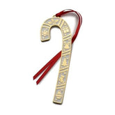 Wallace front view of candy cane ornament highlighting detailed gold finish and festive design benefit: eye-catching holiday display