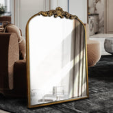 WAMIRRO arched gold mirror front view shows vintage elegance and brightening effect