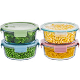 Wancilock front view of round glass containers showing clear bowls and lids for organized storage