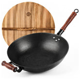 WANGYUANJI front view of wok showing overall shape and included lid, highlighting durability