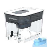 Waterdrop dispenser front view showing sleek black design and spout, brand hydration convenience