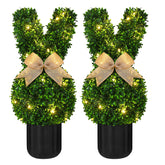 Wavwavw front view of both bunny topiaries showing festive entryway appeal