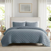 WDCOZY dusty blue quilt front view showing farmhouse style and cozy appeal