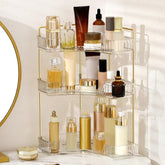 Weidace front view corner shelf showing tidy makeup organization and space saving