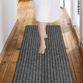 Weidear front view gray stripe runner showing design and edge finish for style