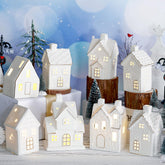 wesiti front view showing 8 LED ceramic houses with warm glow effect