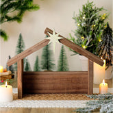 Wesiti front view of wooden manger showing stable and star for classic display