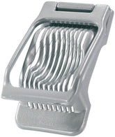 Westmark egg slicer front view showing grey cast aluminum base and wires for reliable slicing