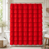 WestWeir front view showing red ruffle curtain adding warmth