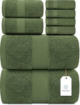 White Classic front view of set showing forest green towels and neat fold benefit