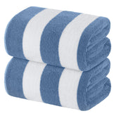 White Classic front folded light blue cabana towel showing neat packaging and elegant stripes
