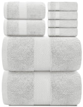 White Classic front view of 8-piece set showing neat stacked towels and spa look
