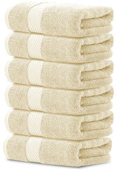 White Classic front view of six beige hand towels showing neat fold and appeal