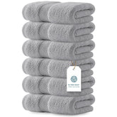 White Classic front view of Dolphin Gray towel set showing color and packaging benefit