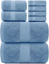 White Classic front view showing light-blue towel set and packaging benefits softness