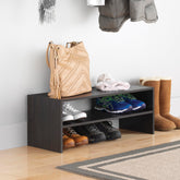 Whitmor two-tier shoe shelf front view shows organized shoes and neat storage benefit