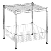 Whitmor front view of chrome stacking shelf showing compact organization benefit