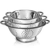 WHYSKO front view of the 3-pack colander set showing polished finish and sizes benefits
