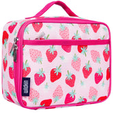 Wildkin lunch box front view shows strawberry print and compact size for easy carrying