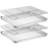 Wildone front view of stainless steel baking sheet showing clean mirror finish and benefit of easy release