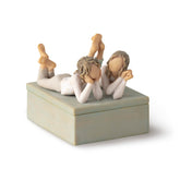 Willow Tree front view of keepsake box showing sculpted girls and blue-gray finish