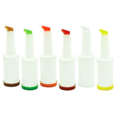 Winco Flow-N-Stow set front view showing six color-coded pour bottles for quick selection