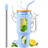 WINSA glass tumbler front view showing clear body and lid, travel-ready benefit
