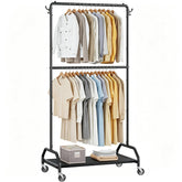 Wiracks front view double hanging clothes rack shows organized wardrobe benefit