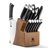 WIZEKA front view with wooden block showcasing organized knives and modern black finish benefit