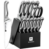 WIZEKA front view of full 15-piece set showing organized block and knives, ready access benefit