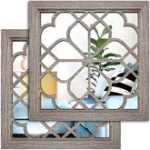 Wocred front view showing barn wood frame and square mirror, adds rustic charm