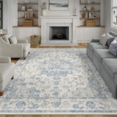 WondRg front view of 8x10 blue neutral rug showing full pattern and room benefit
