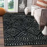 Wonnitar front view of black Moroccan 3x5 rug shows pattern and curb appeal
