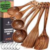 Woodenhouse front view of the 6-piece teak utensil set showing complete collection and hooks benefit