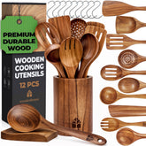 Woodenhouse teak utensil set front view showing full kit and organization benefits