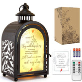 WOODEXPE front view of memorial lantern showing warm glow and thoughtful design