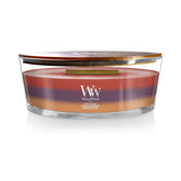 WoodWick Autumn Harvest front view showing ellipse jar and layered fall scents