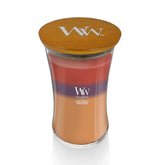 WoodWick front view hourglass candle creating warm autumn ambiance and decorative appeal