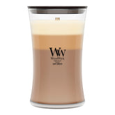 WoodWick front view of hourglass candle showing layered design and cozy appeal