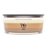 WoodWick front view showing Café Sweets candle and inviting decor benefit
