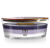 WoodWick front view of ellipse candle showing layered fragrance and elegant vessel