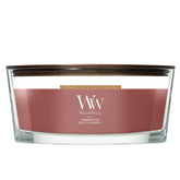 WoodWick(ウッドウィック) front packaging showing cinnamon chai scent and elegant ellipse jar benefits ambiance