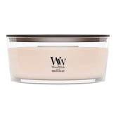 WoodWick ellipse front view showing elegant vessel and warm glow benefit