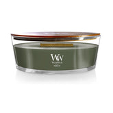 WoodWick Fraser Fir ellipse front view showing elegant vessel and seasonal scent benefit