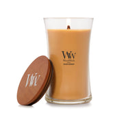 WoodWick hourglass candle front view showing elegant jar and label benefit: stylish decor